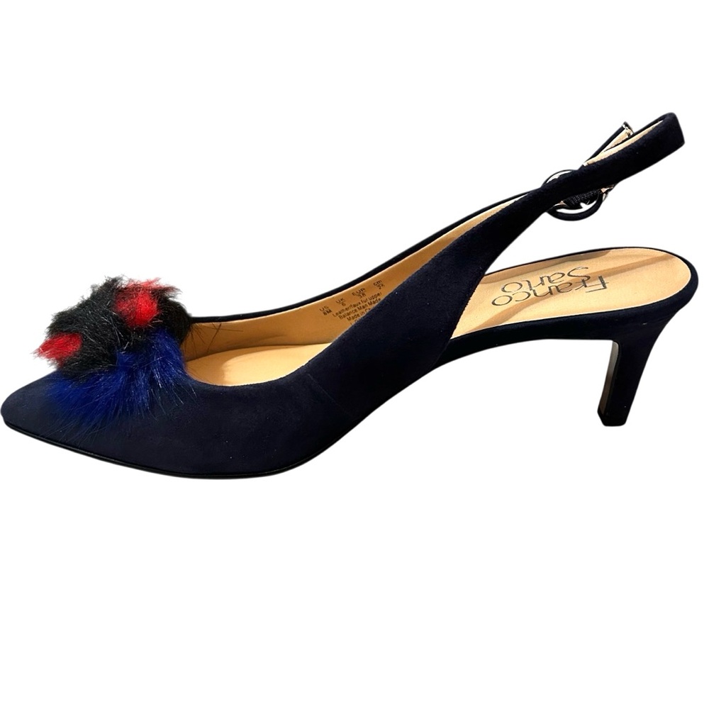 NWB Franco Sarto Women's Suede Damonica Midnight Slingback Shoes Pompom Size 8